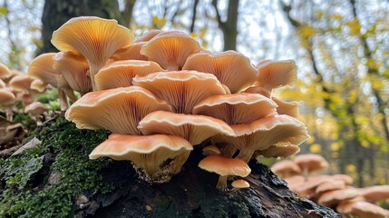 A cluster of light brown mushrooms growing on a moss-covered log in a forest.