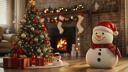 Christmas tree and santa Claus and snowman and gifts flat design front view North Pole theme 3D render