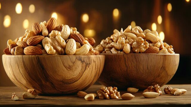 Two wooden bowls filled with almonds, cashews, and walnuts are sitting on a wooden table