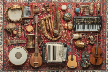 Fototapeta premium Musical instruments and percussion laid on a rug.