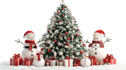 Christmas tree and santa Claus and snowman and gifts flat design front view North Pole theme 3D render