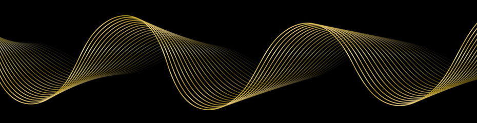 Abstract background with lines and waves. Web banner size. Element for design. Vector background for brochure, booklet, flyer, poster. Black and golden gradient. Gold, metal texture