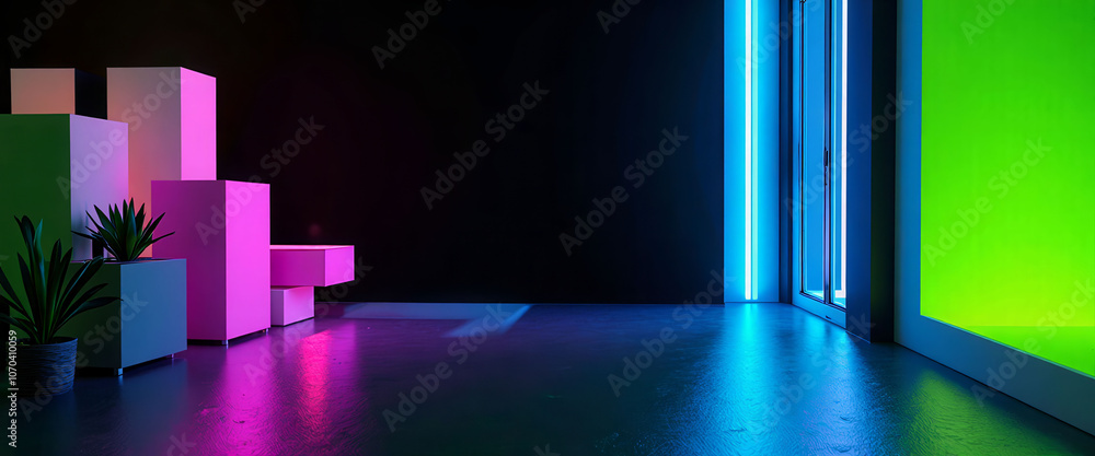 Poster a room with neon lights and three boxes. the boxes are in different colors and are arranged in a way