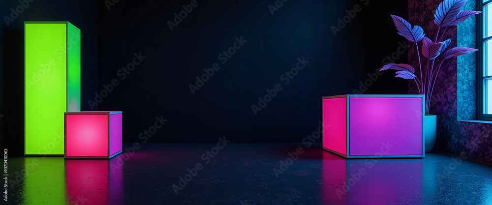 Poster a room with neon lights and a plant. the room is empty and has a futuristic feel. the neon lights ar