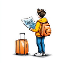 Person with Suitcase Looking at Map Illustration