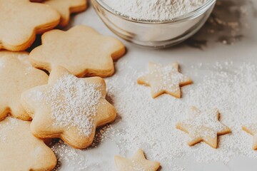 Kitchen counter filled with baking ingredients, flour dusted on surfaces, and cookie shapes everywhere