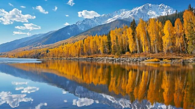 Tranquil autumn landscape with a reflection of yellowed trees and a mountain range in the Irkut River on a sunny day. Siberia, Baikal region, Eastern Sayan Mountains, Buryatia, Tunka ... See More
By K