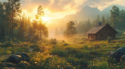 Serene Cabin in the Forest at Dawn