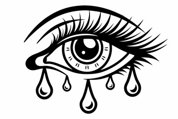 Stylized Black and White Crying Eye Illustration with Tears. Tears dropping from eye, silhouette