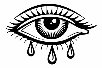 Stylized Black and White Crying Eye Illustration with Tears. Tears dropping from eye, silhouette