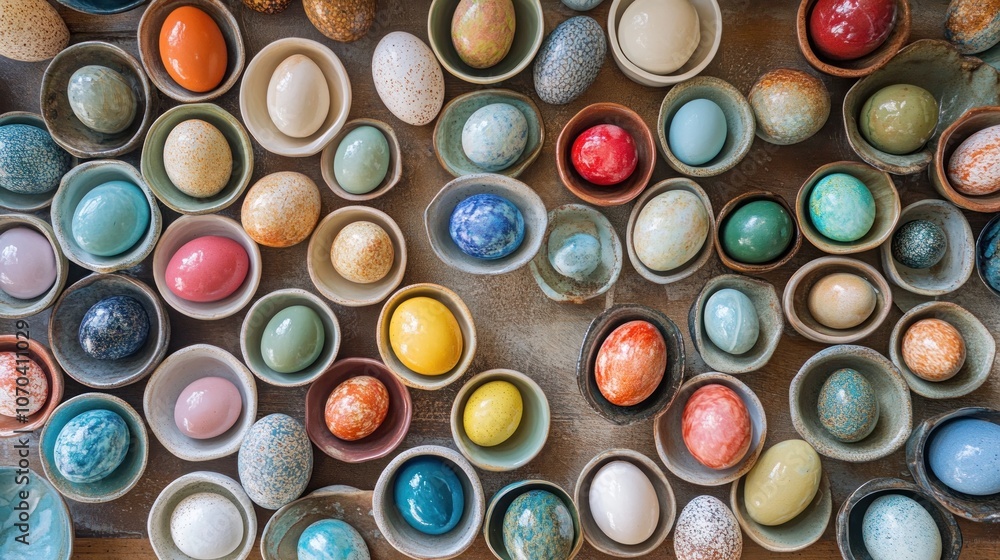 Poster a vibrant assortment of decorative eggs arranged in small containers, showcasing various colors and 