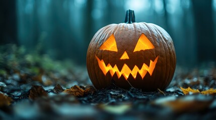 Obraz premium A glowing jack-o'-lantern sits ominously in a misty forest, surrounded by autumn leaves, perfect for Halloween-themed projects, parties, or seasonal marketing materials,