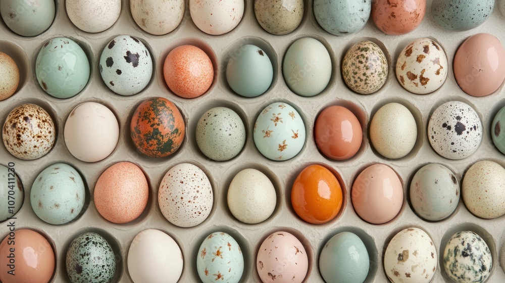 Poster a colorful assortment of decorative eggs arranged in a neat grid pattern.