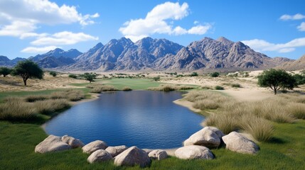 Serene Desert Golf Course Landscape Mountain Pond Grass