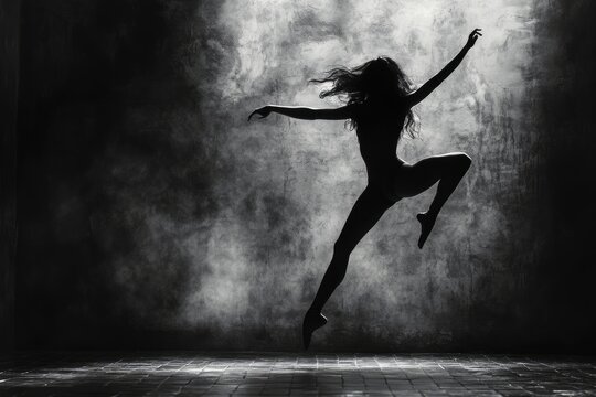 Young ballerina performing graceful jump in dark studio: silhouette of dancing woman