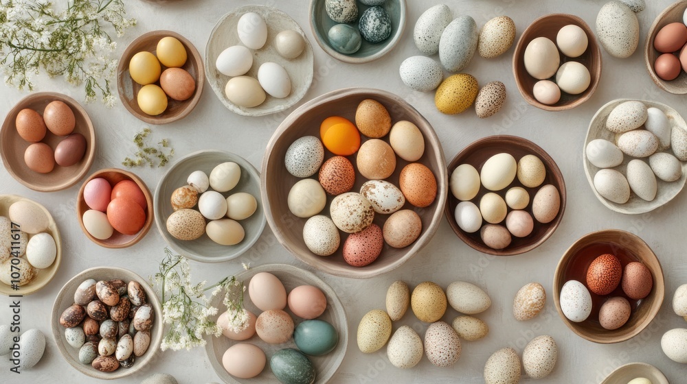 Poster a collection of various eggs displayed in bowls, showcasing diversity in color and size.