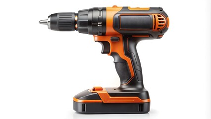 Cordless electric drill with a sleek black and orange design on a white background.