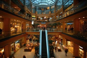 Modern shopping mall interior with escalators and christmas decorations