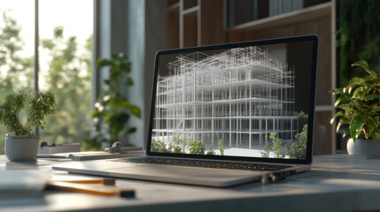 A laptop displaying architectural designs sits on a desk surrounded by plants, with natural light streaming in through large windows.