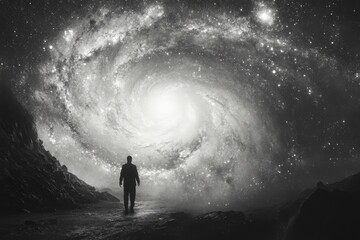 Fototapeta premium Businessman walking towards swirling galaxy in black and white