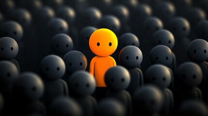 Orange toy standing out from dark crowd: concept of diversity and uniqueness