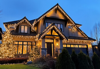 Fototapeta premium An inviting and visually appealing front view of the exterior of my home, featuring twinkling Christmas lights on its roofline and in the front yard, illuminating it with warm white light. (27)
