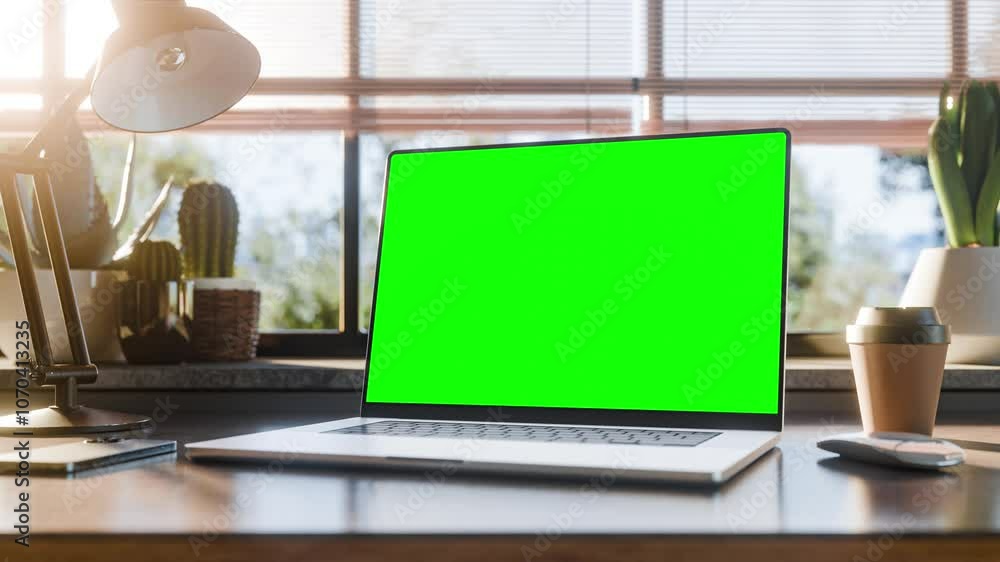 Poster modern laptop with blank green screen, angled position. static footage with trees swaying or moving 