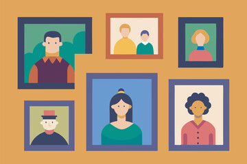 Fototapeta premium Image: yellow wall with seven photo frames, each displaying a portrait. Various genders shown, some wearing hats. Creates inviting ambiance.