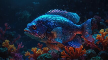 Fototapeta premium The ubiquitous presence of plastic pollution in our oceans is demonstrated by this close-up image of a fish swimming amid a cloud of microplastics.