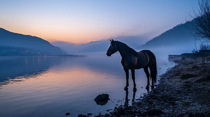 A lone horse stands by a misty lake at sunrise, its reflection visible in the water.