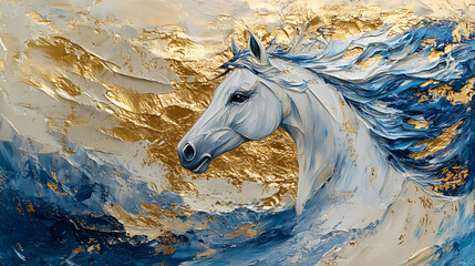 Abstract painting of majestic horse with gold leaf accents and blue, silver, and gold tones, horse, abstract, painting, oil. Majestic. Illustration