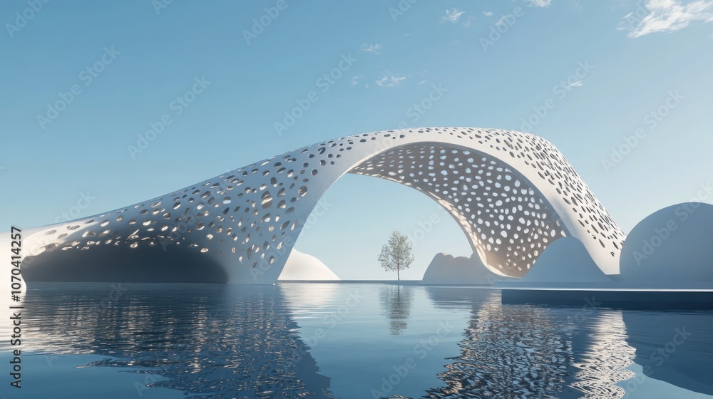 Poster a futuristic architectural structure with a unique design reflected in water.