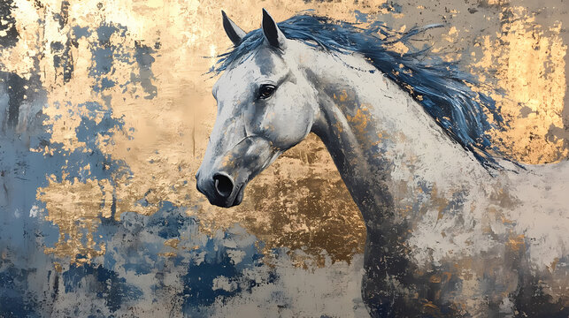 Abstract painting of majestic horse with gold leaf accents and blue, silver, and gold tones, horse, abstract, painting, oil. Majestic. Illustration
