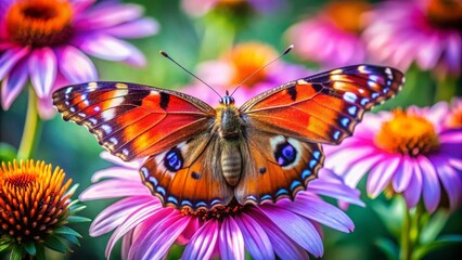 Obraz premium A vibrant butterfly, wings outstretched, against a blur of colorful flowers.