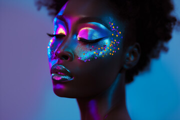 Beautiful black party girl with night bright glowing shiny neon make-up.