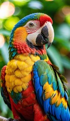 Obraz premium A closeup of a colorful macaw parrot in Miami Florida. A closeup of a colorful macaw parrot, blurry background