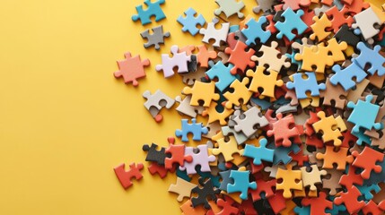 Colorful Jigsaw Puzzle Pieces Scattered on a Yellow Background, Problem Solving, Business Concept.
