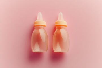 Two baby bottles filled with liquid arranged on a soft pink background in a simple and clean layout. Generative AI