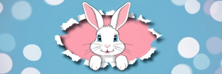 Obraz premium A white bunny with blue eyes peeks through a torn pink paper hole against a blue background. Copy space Easter greeting card