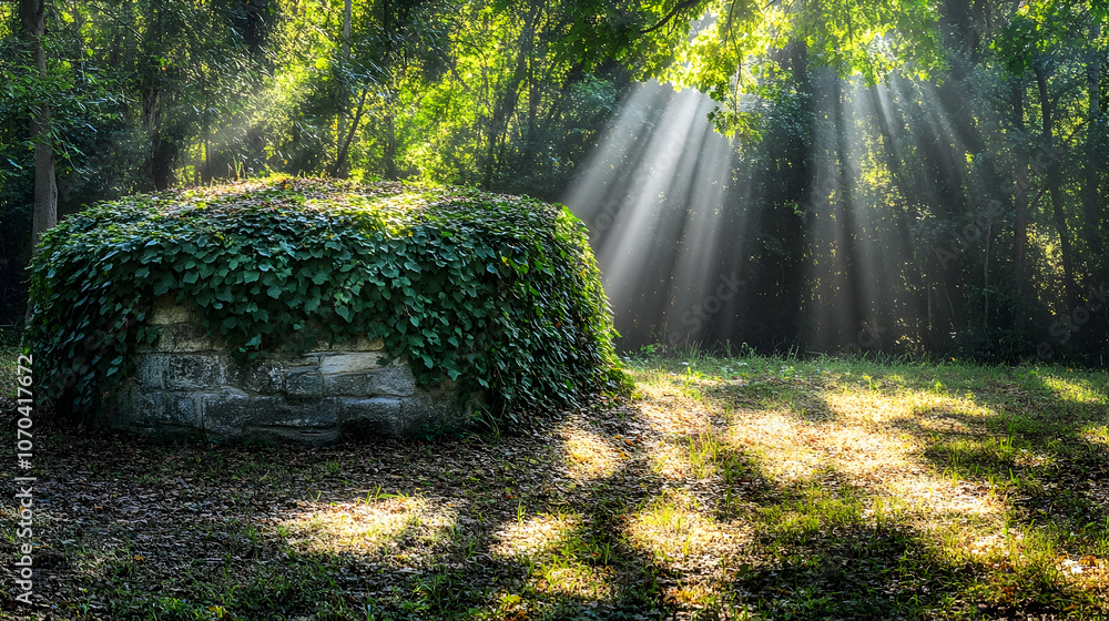 Poster sunbeams illuminating a stone structure covered in ivy in a forest.