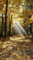 Obraz premium Sunbeams shining through golden leaves in an autumn forest.