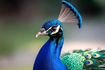 2D illustration of a peacock with vibrant, detailed feathers set against a clean white background