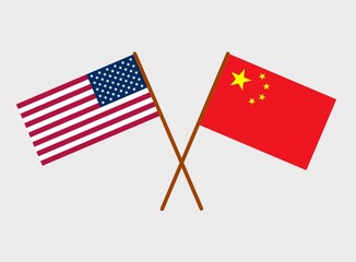 USA and China crossed flags isolated illustration. American and Chinese flags on light background