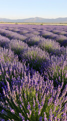 A field of purple lavender flowers, rows of plants stretch to a mountain range in the distance.