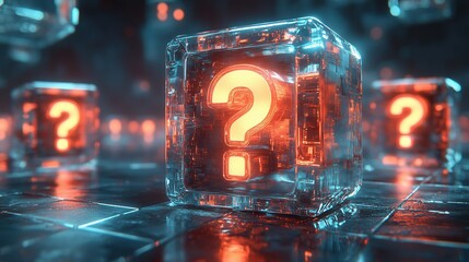 A series of floating transparent squares with glowing question marks inside
