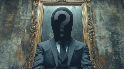 A well dressed man in a fitted suit, entirely covered by black fabric with a large question mark at the center, symbolizing an unknown identity