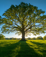 Fototapeta premium A majestic oak tree casts a long shadow on a grassy field, bathed in the warm light of the setting sun.