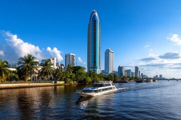 Obraz premium A city view from the riverbank, showing boats in the water and high-rise buildings along the skyline