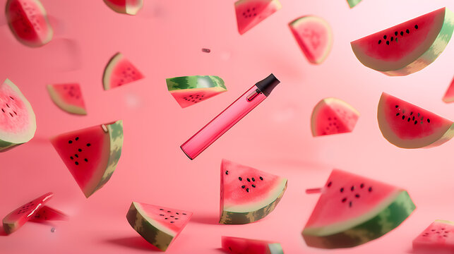 fruit vape advertisement, revolutionize your vaping experience with our watermelon vape featuring a juul hovering in air amid a swirl of watermelon slices
