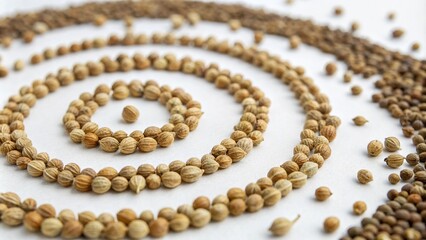 Obraz premium Dry Coriander Seeds Spiral, High Depth of Field, White Background, Macro Photography